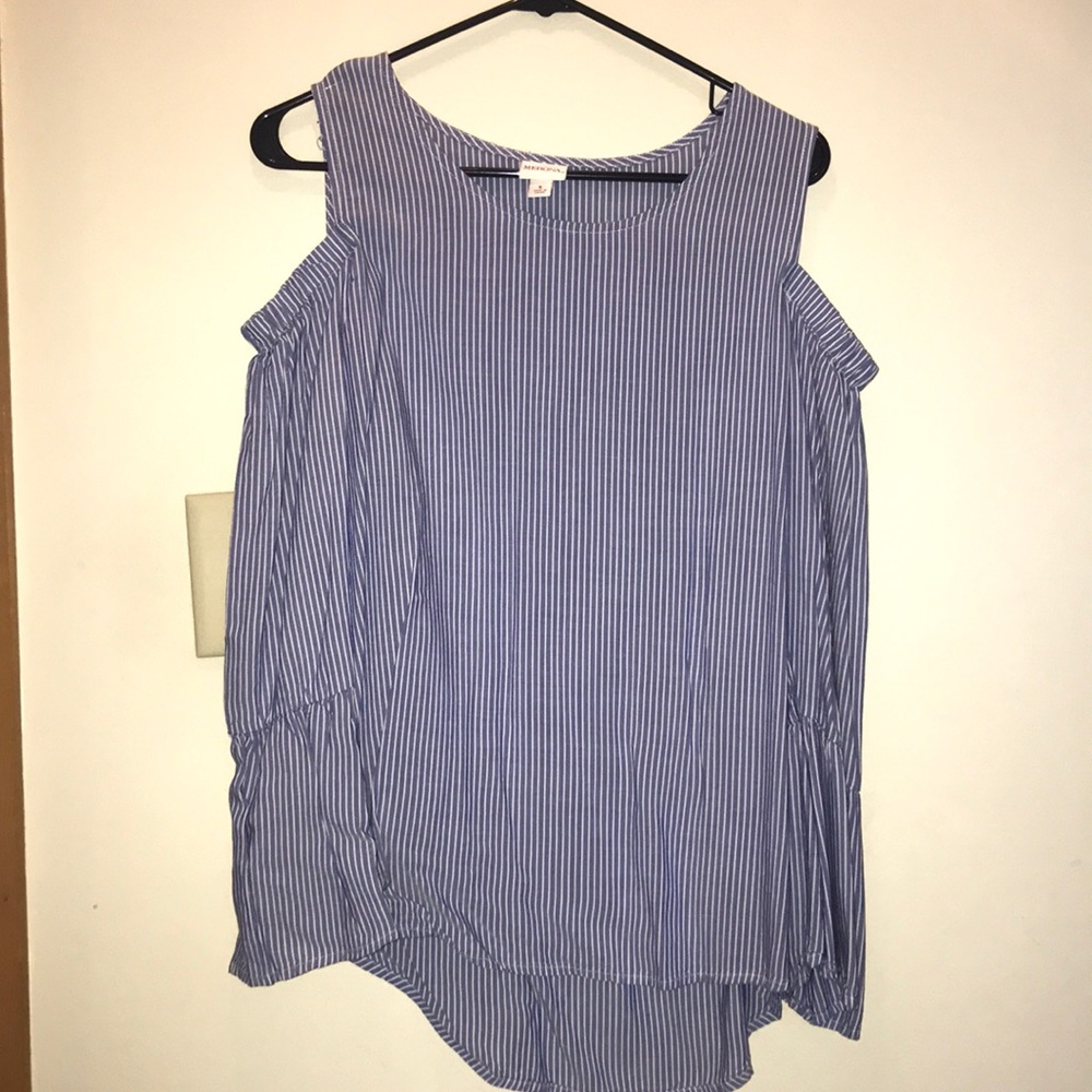off the shoulder blue and white striped shirt